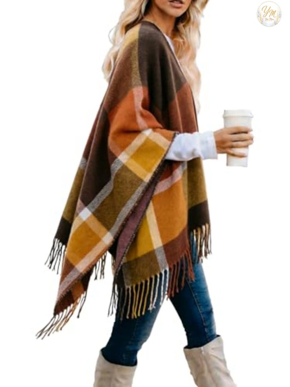 Acrylic Plaid Shawl Wrap Open Front Poncho Cape for Fall Winter